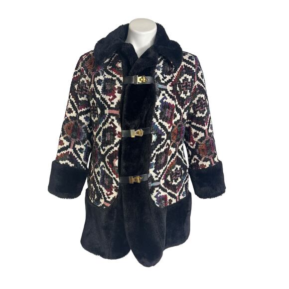 Vintage 60s 70s Tapestry Carpet Coat Faux Fur Gold Buckle Penny Lane Boho Mod - Picture 3 of 11